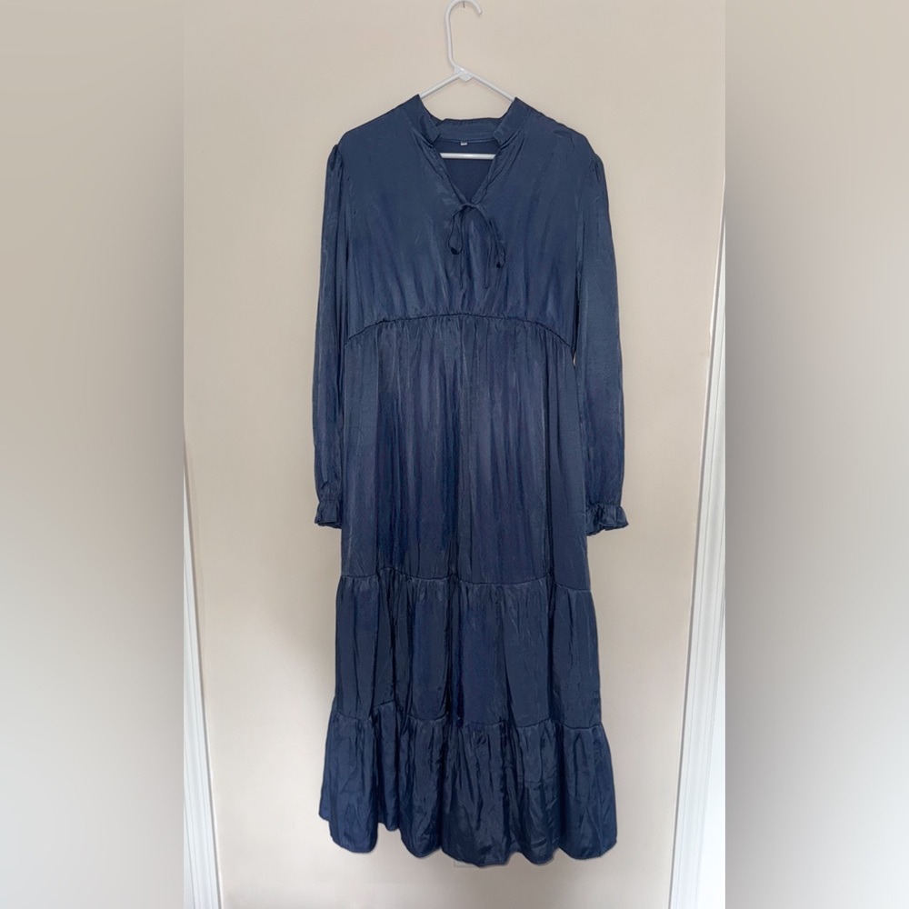 Maternity Long-Sleeved Blue Tiered Ruffled Sundress